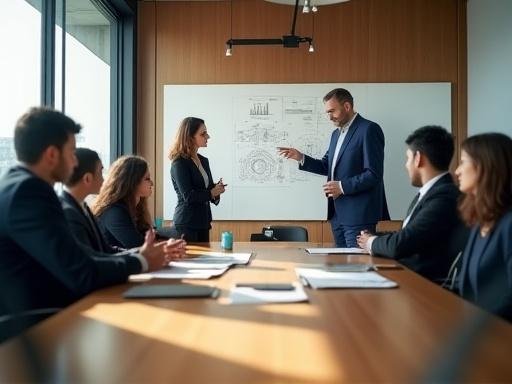 Corporate boardroom strategy meeting for market entry